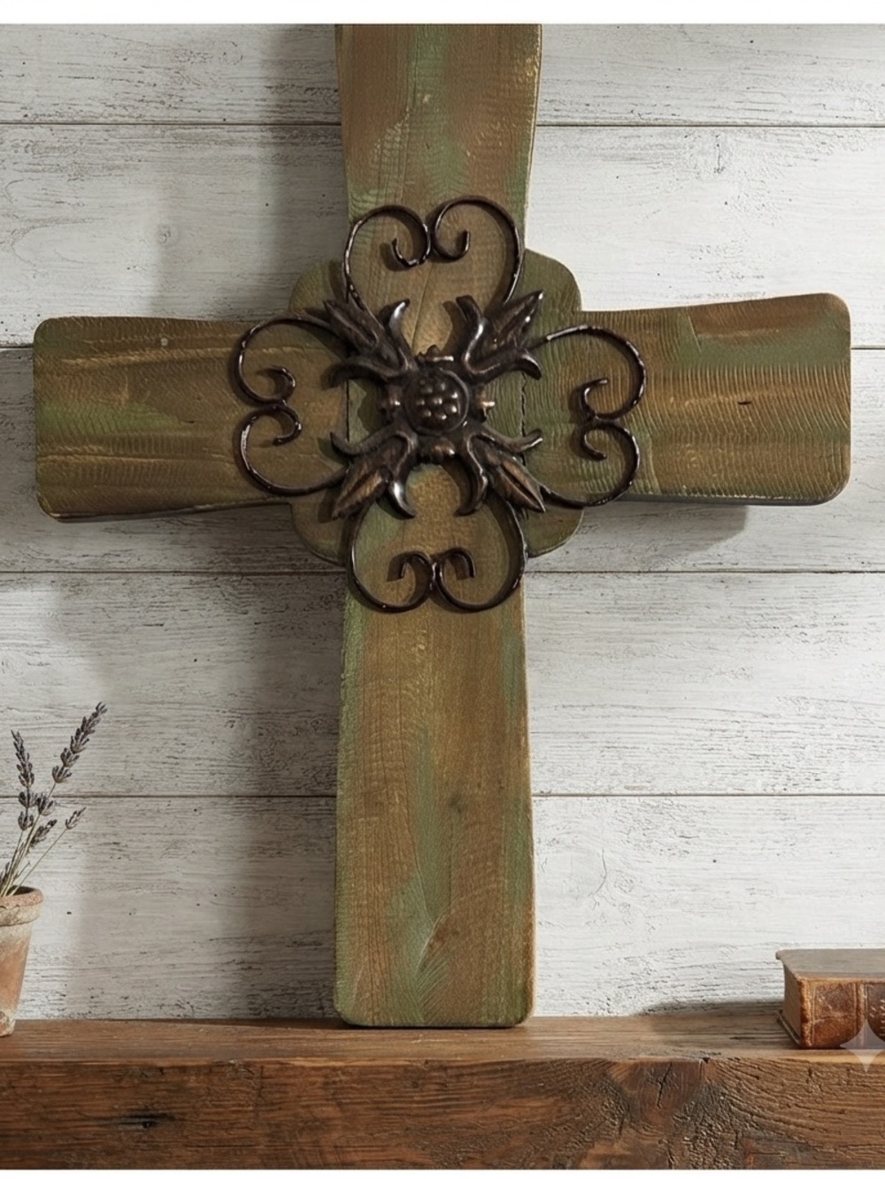 Decorative Wooden Cross with Metal Accent